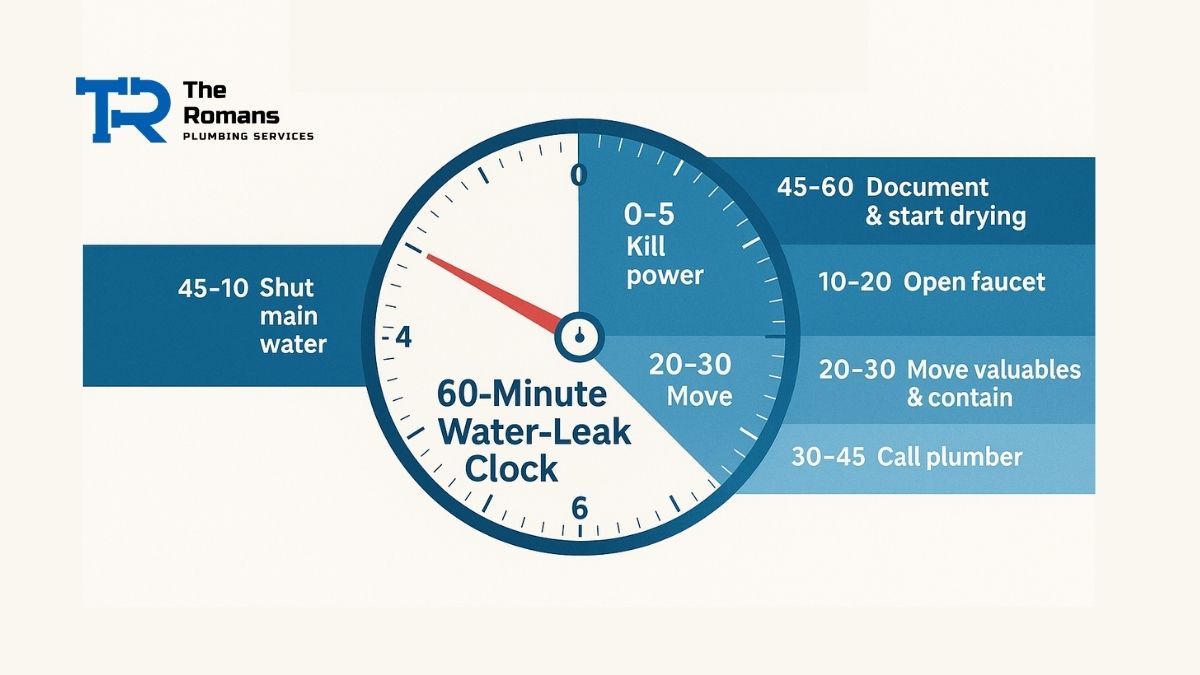 Circular infographic titled "60-Minute Water-Leak Clock" with steps for handling water leaks: kill power, move valuables, shut water, call plumber, and start drying.