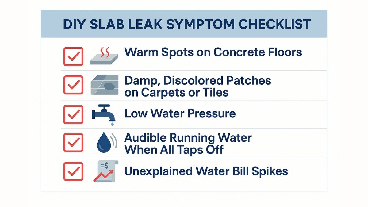 A checklist titled "DIY Slab Leak Symptom Checklist" lists five items: warm spots on concrete floors, damp patches on carpets, low water pressure, audible water sounds with taps off, and unexplained water bill spikes.

Each item is marked with a red check and accompanied by icons, creating a helpful guide on potential slab leak symptoms.