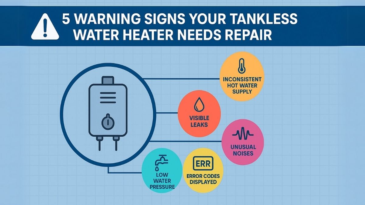 Five warning signs for tankless water heater repair: leaks, low pressure, inconsistent hot water, error codes, and unusual noises.